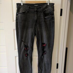Judy Blue Jeans Womens 16W Black Distress Plaid Patchwork Mid Skinny Cuffed